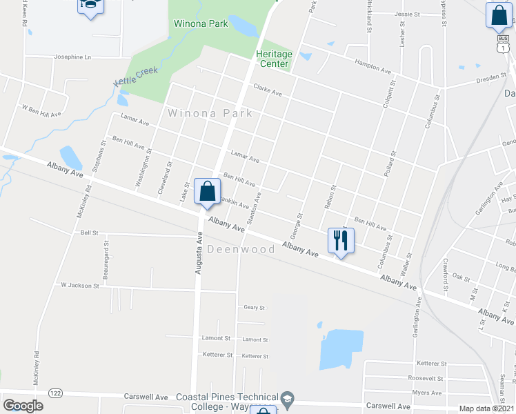 map of restaurants, bars, coffee shops, grocery stores, and more near 848 Stanton Avenue in Waycross