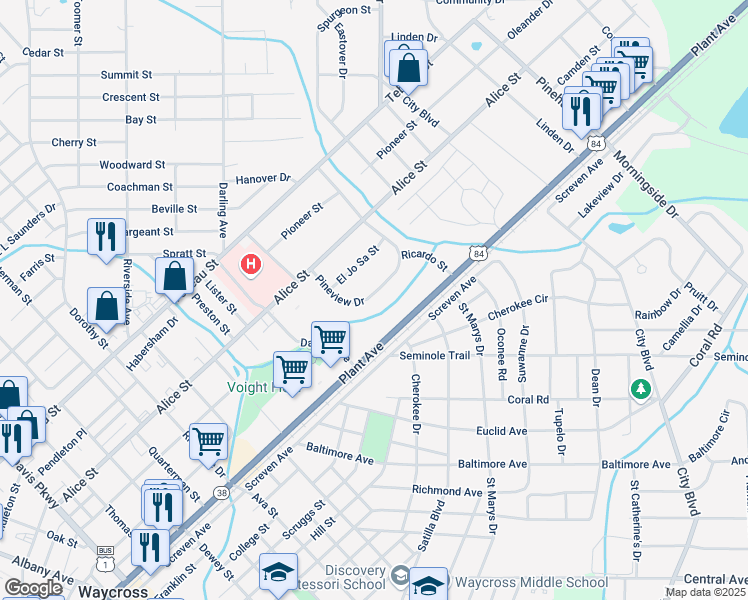 map of restaurants, bars, coffee shops, grocery stores, and more near 324 Pineview Drive in Waycross