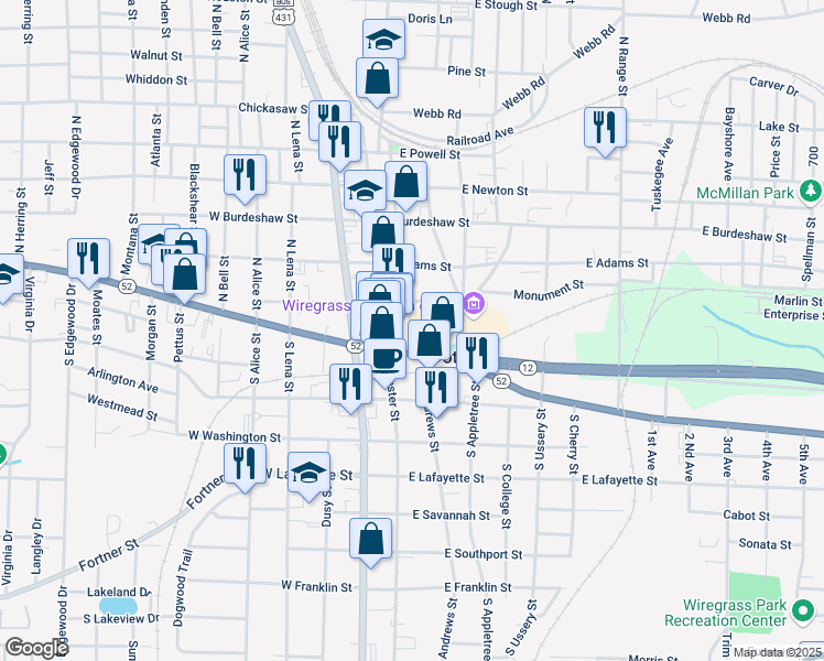 map of restaurants, bars, coffee shops, grocery stores, and more near 103 North Saint Andrews Street in Dothan