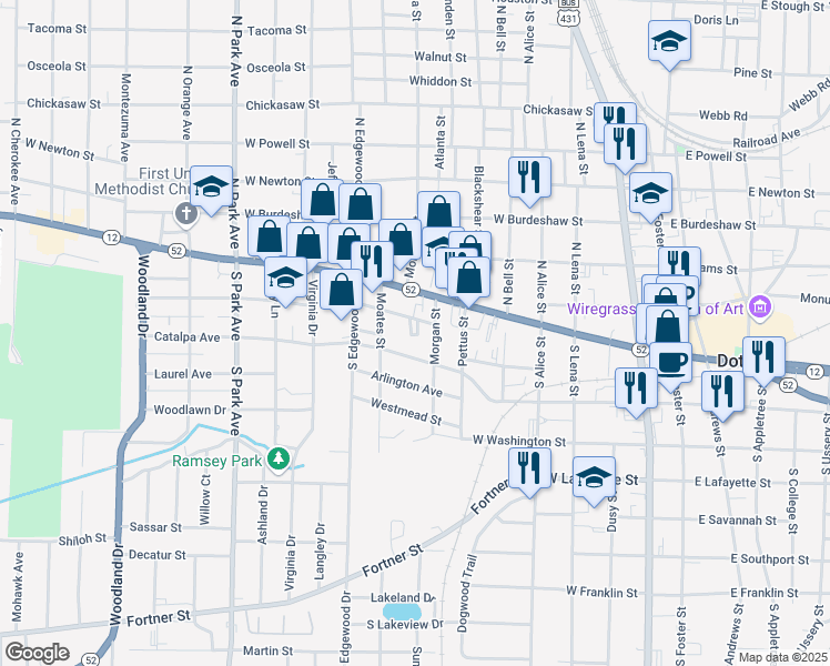 map of restaurants, bars, coffee shops, grocery stores, and more near 614 Catalpa Avenue in Dothan