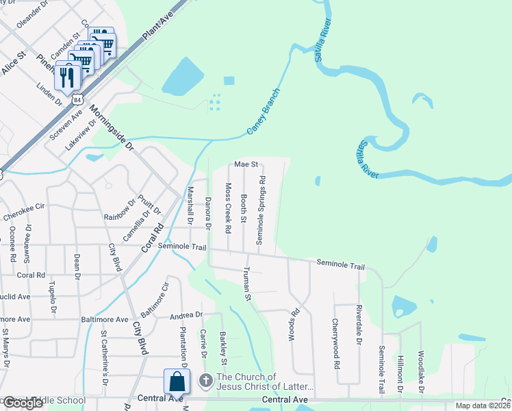 map of restaurants, bars, coffee shops, grocery stores, and more near 1614 Seminole Springs Road in Waycross