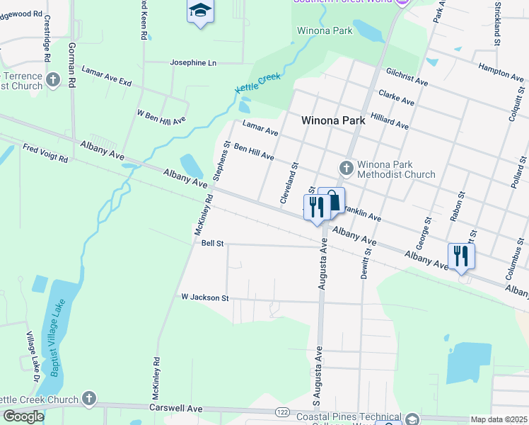 map of restaurants, bars, coffee shops, grocery stores, and more near 2303 Albany Avenue in Waycross