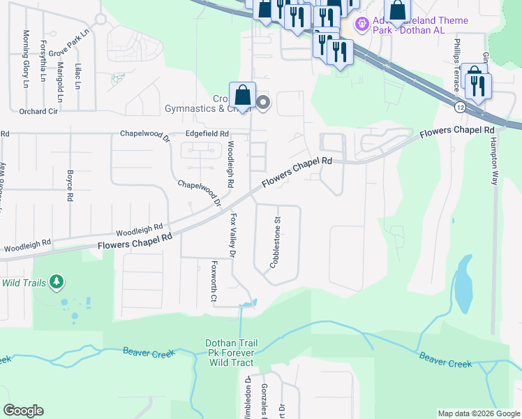 map of restaurants, bars, coffee shops, grocery stores, and more near 205 Stonegate Drive in Dothan
