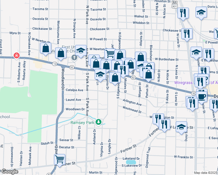 map of restaurants, bars, coffee shops, grocery stores, and more near 207 Virginia Drive in Dothan