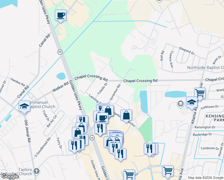 map of restaurants, bars, coffee shops, grocery stores, and more near 843 Scranton Road in Brunswick