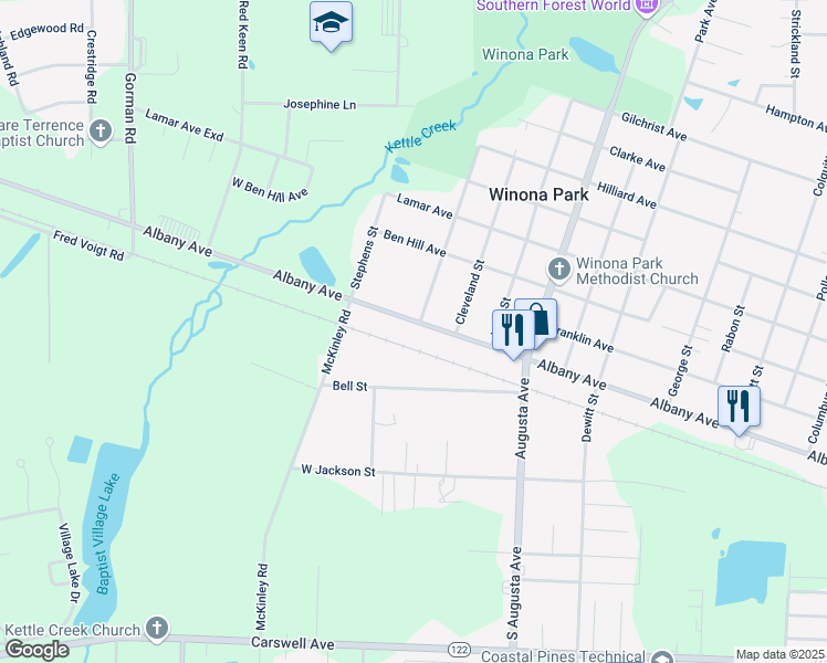 map of restaurants, bars, coffee shops, grocery stores, and more near 2303 Albany Avenue in Waycross
