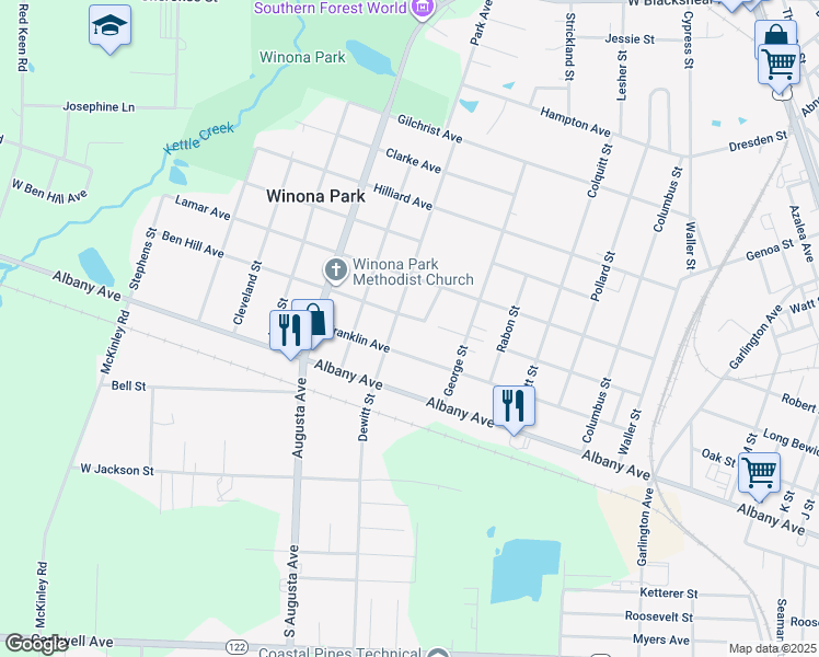 map of restaurants, bars, coffee shops, grocery stores, and more near 1806 Franklin Avenue in Waycross