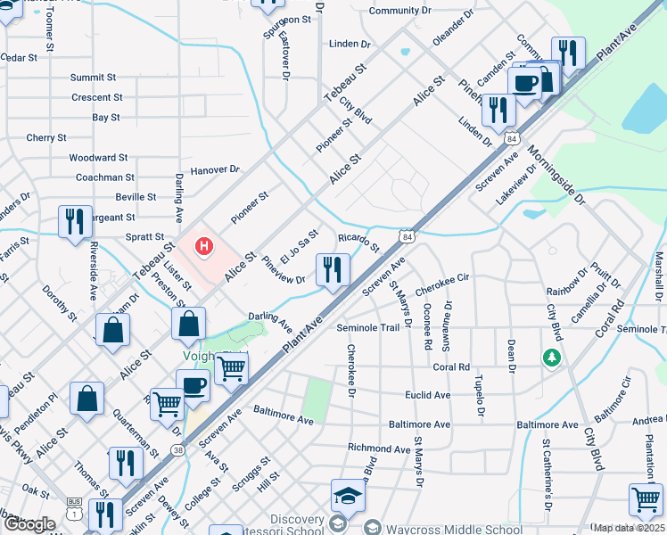 map of restaurants, bars, coffee shops, grocery stores, and more near 324 Pineview Drive in Waycross