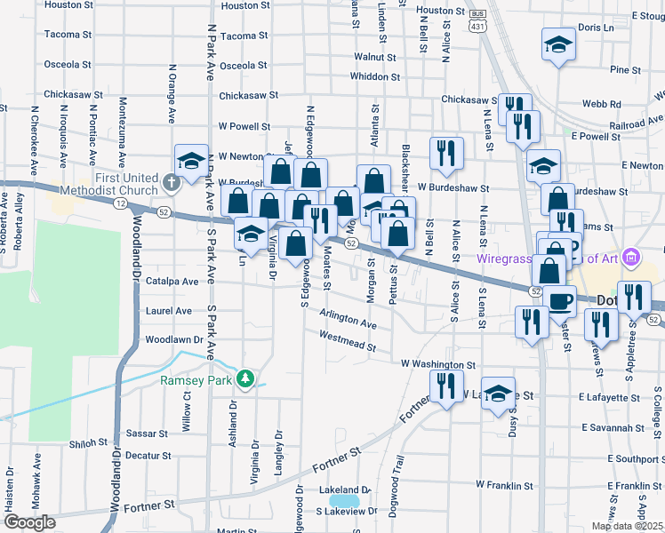 map of restaurants, bars, coffee shops, grocery stores, and more near 801 West Main Street in Dothan