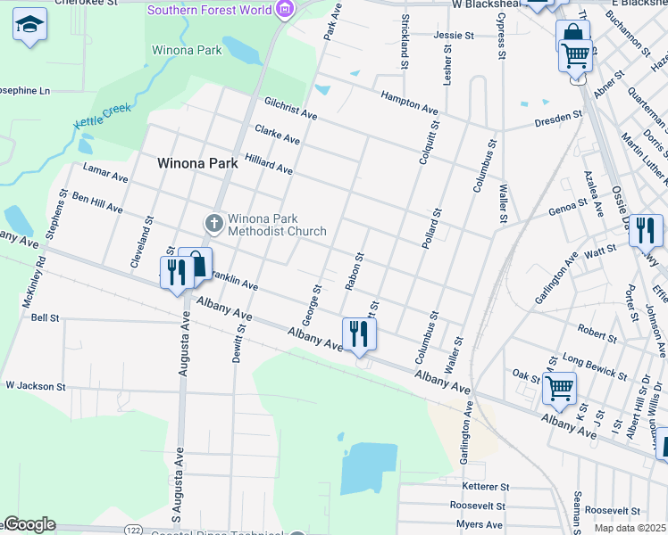 map of restaurants, bars, coffee shops, grocery stores, and more near 1803 Lamar Avenue in Waycross