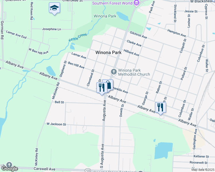 map of restaurants, bars, coffee shops, grocery stores, and more near 819 Augusta Avenue in Waycross