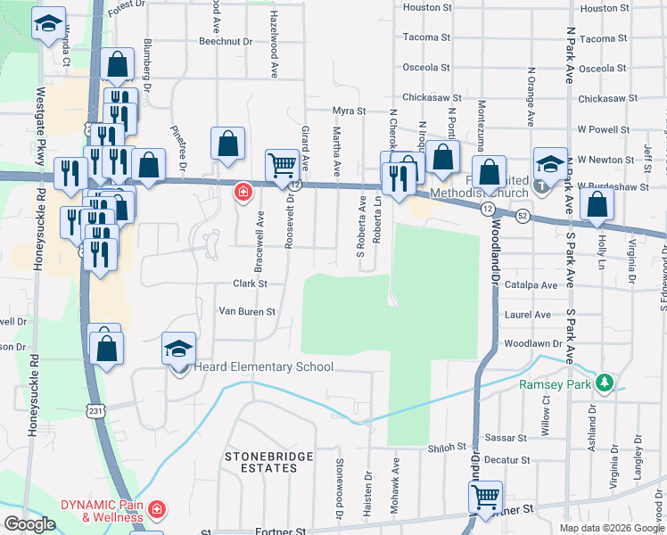 map of restaurants, bars, coffee shops, grocery stores, and more near 101 Westfield Drive in Dothan