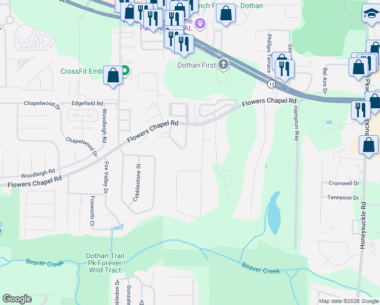 map of restaurants, bars, coffee shops, grocery stores, and more near 6 Foxchase Drive in Dothan