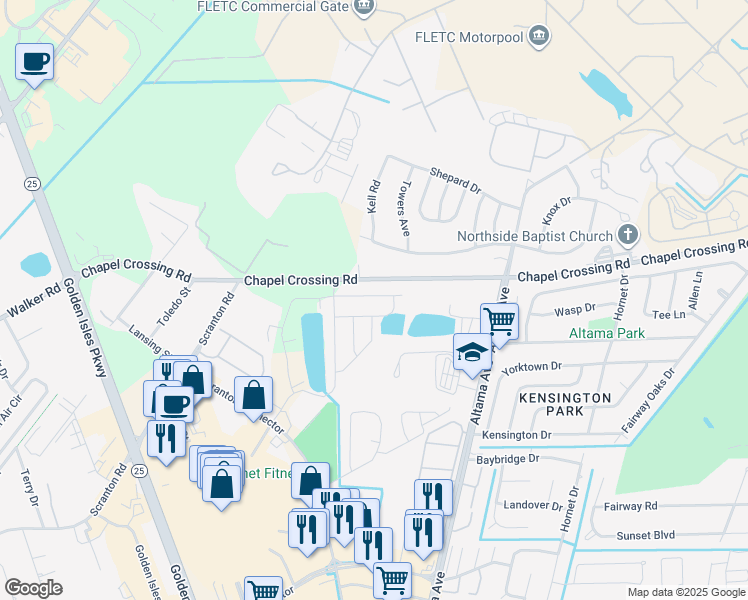 map of restaurants, bars, coffee shops, grocery stores, and more near 657 Chapel Crossing Road in Brunswick