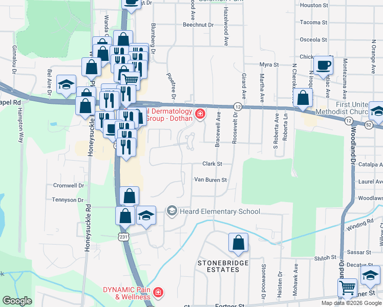 map of restaurants, bars, coffee shops, grocery stores, and more near 25 Ballestone Court in Dothan