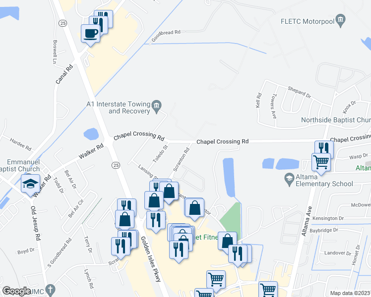 map of restaurants, bars, coffee shops, grocery stores, and more near 891 Scranton Road in Brunswick