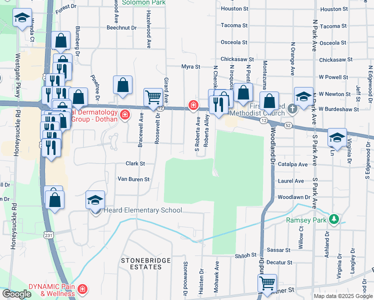 map of restaurants, bars, coffee shops, grocery stores, and more near 101 Westfield Drive in Dothan