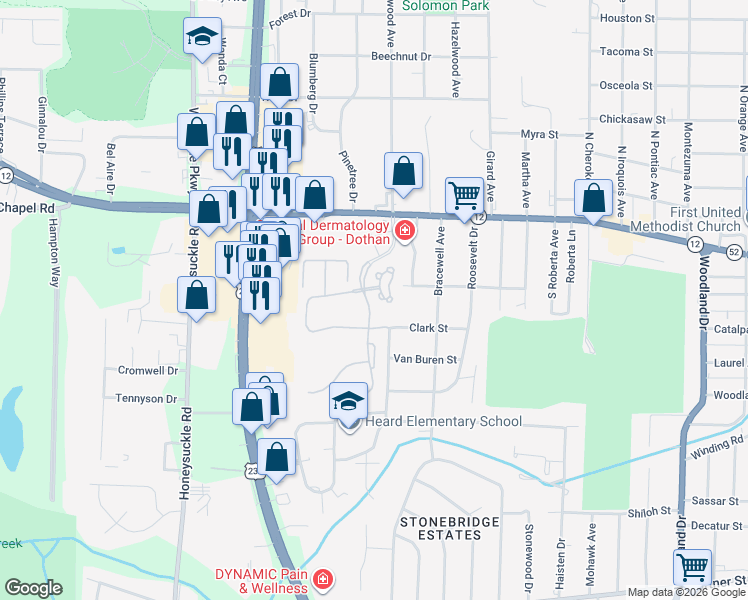 map of restaurants, bars, coffee shops, grocery stores, and more near 25 Ballestone Court in Dothan