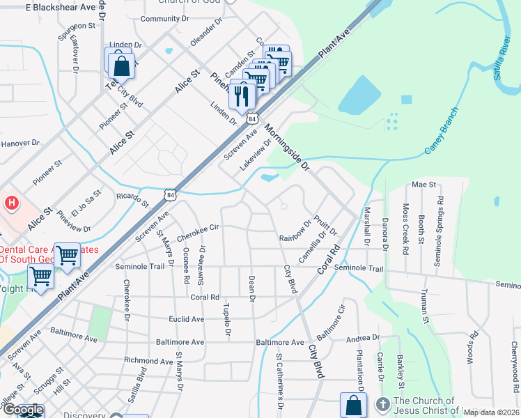 map of restaurants, bars, coffee shops, grocery stores, and more near 1714 Dean Drive in Waycross