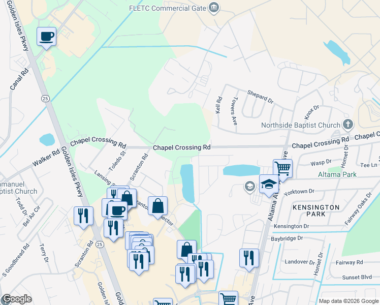 map of restaurants, bars, coffee shops, grocery stores, and more near 3500 Grand Pointe Way in Brunswick