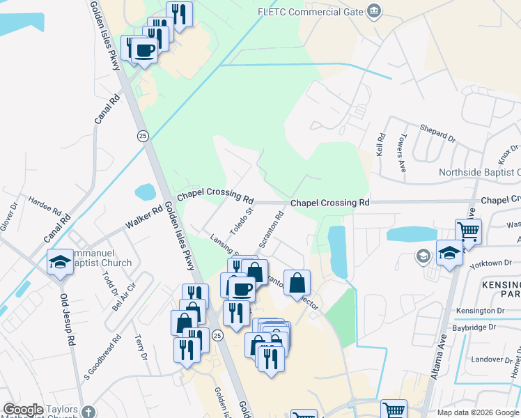 map of restaurants, bars, coffee shops, grocery stores, and more near 426 Chapel Crossing Road in Brunswick