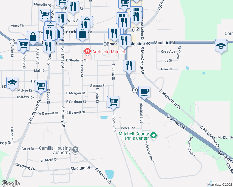 map of restaurants, bars, coffee shops, grocery stores, and more near 190 Thomas Street in Camilla