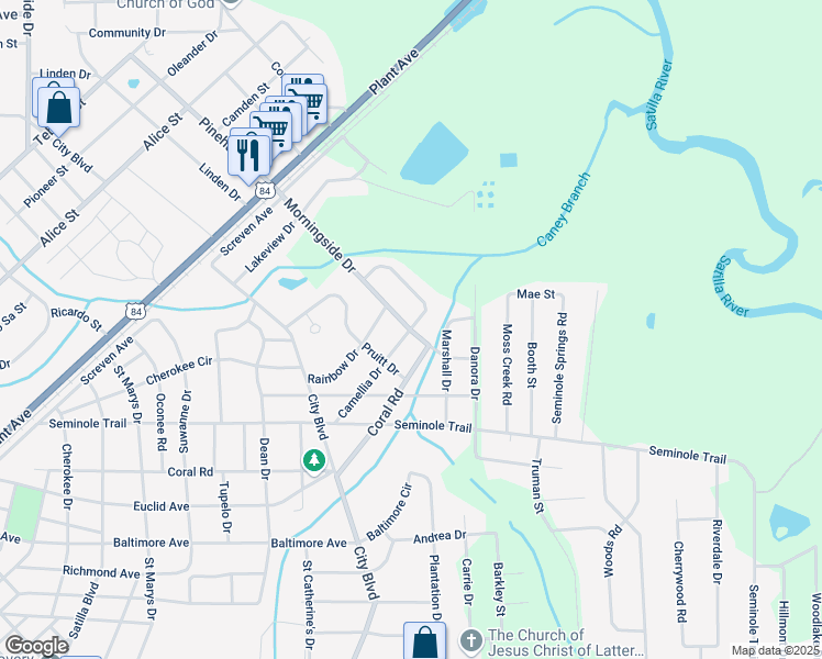 map of restaurants, bars, coffee shops, grocery stores, and more near 1801 Camellia Drive in Waycross