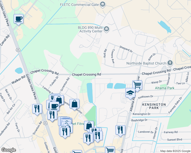 map of restaurants, bars, coffee shops, grocery stores, and more near 590 Chapel Crossing Rd in Brunswick