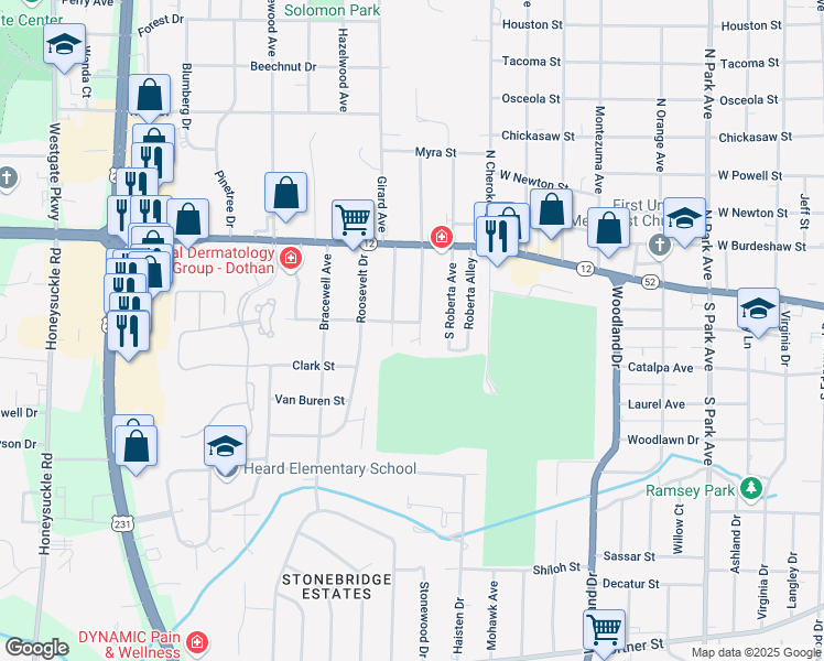 map of restaurants, bars, coffee shops, grocery stores, and more near 101 Westfield Drive in Dothan
