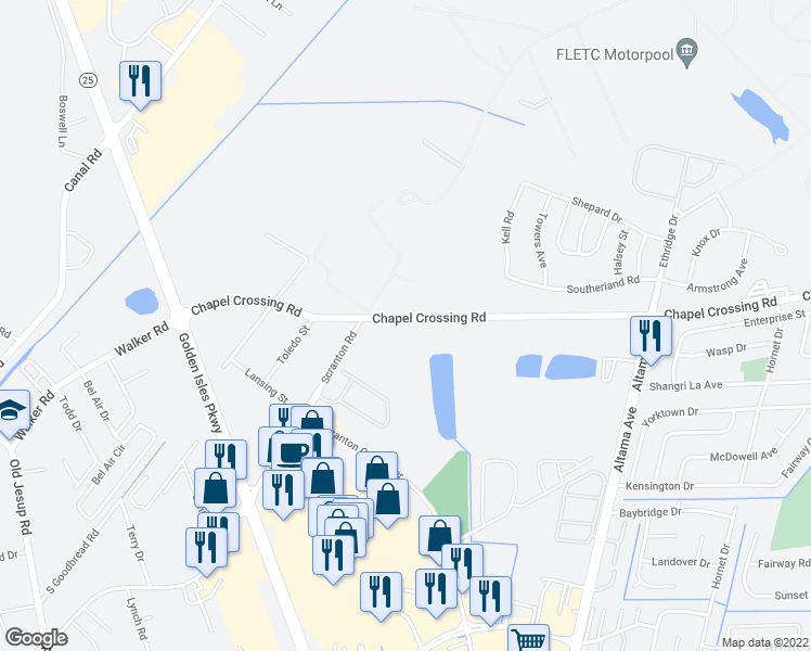 map of restaurants, bars, coffee shops, grocery stores, and more near 510 Chapel Crossing Road in Brunswick