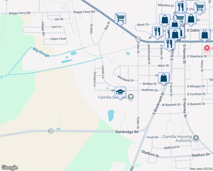 map of restaurants, bars, coffee shops, grocery stores, and more near 348 Barnwell Street in Camilla