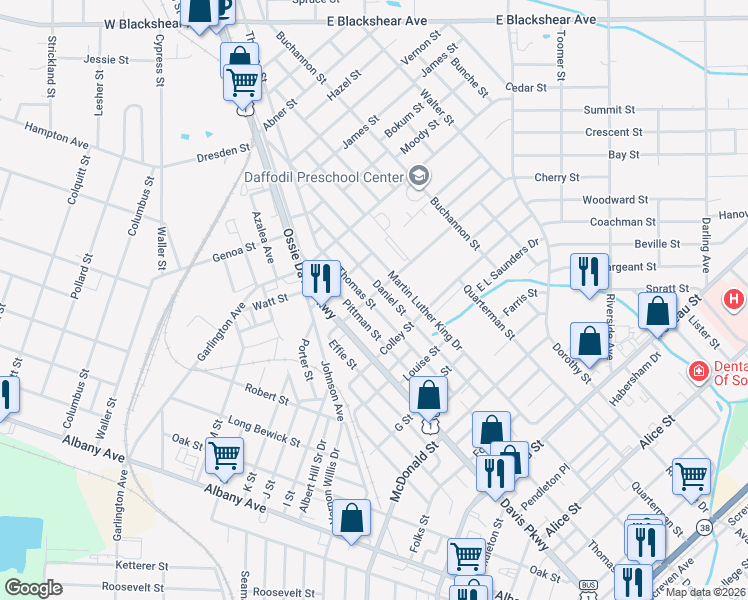 map of restaurants, bars, coffee shops, grocery stores, and more near 1106 Bailey Street in Waycross