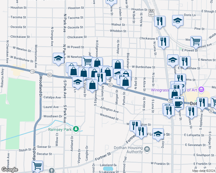 map of restaurants, bars, coffee shops, grocery stores, and more near 801 West Main Street in Dothan