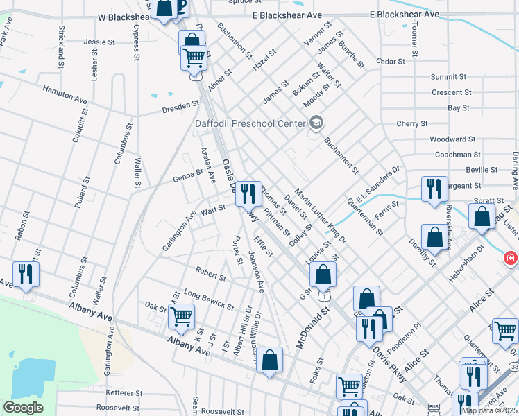 map of restaurants, bars, coffee shops, grocery stores, and more near 1213 Pittman Street in Waycross