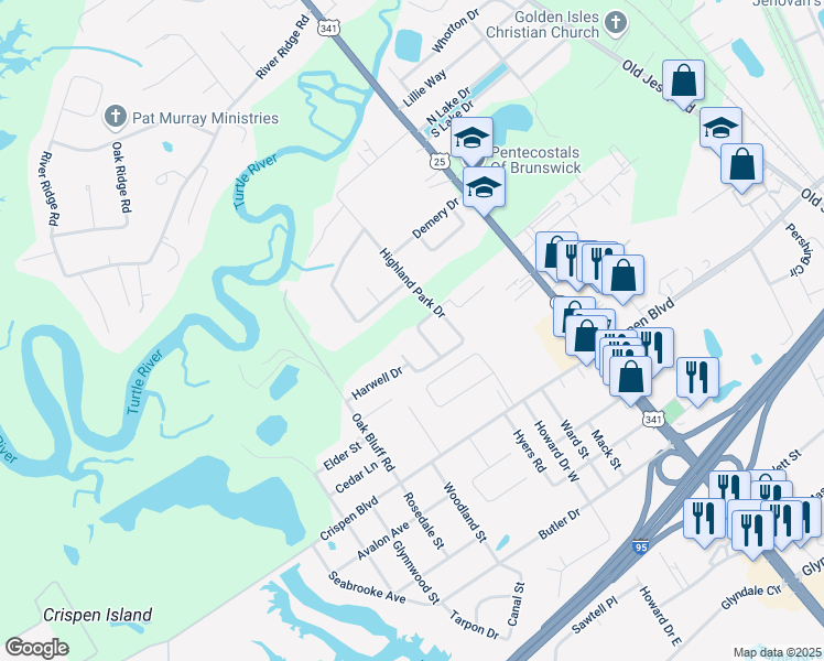 map of restaurants, bars, coffee shops, grocery stores, and more near 192 Patrick Drive in Brunswick