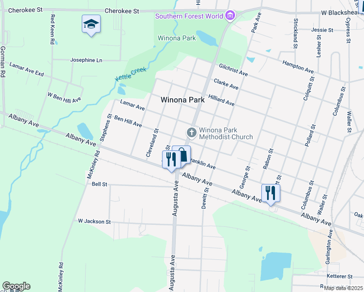 map of restaurants, bars, coffee shops, grocery stores, and more near 819 Augusta Avenue in Waycross
