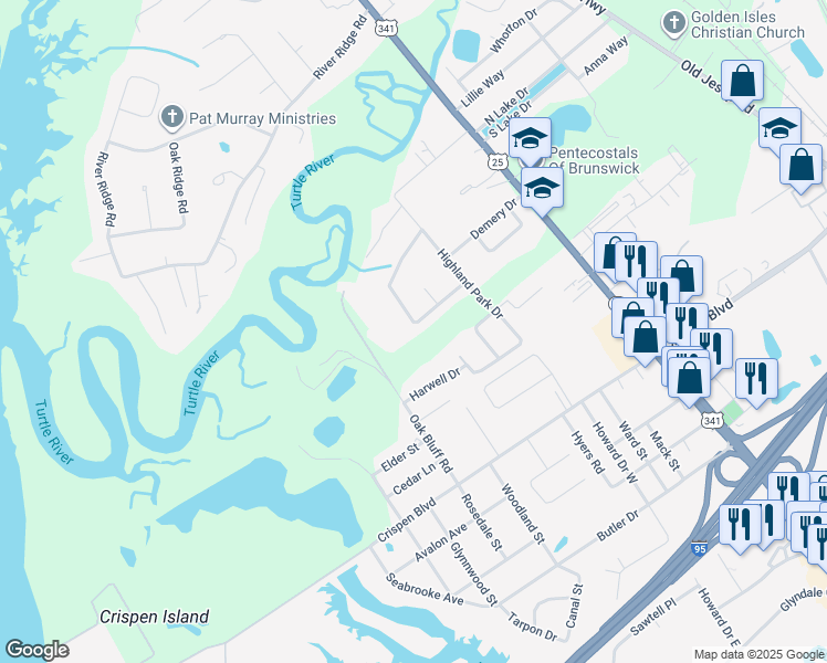 map of restaurants, bars, coffee shops, grocery stores, and more near 156 Highland Park Circle in Brunswick