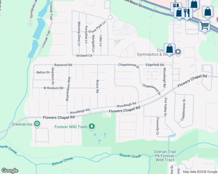 map of restaurants, bars, coffee shops, grocery stores, and more near 107 E Roxbury Rd in Dothan