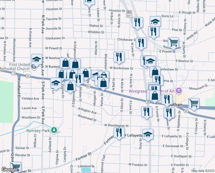 map of restaurants, bars, coffee shops, grocery stores, and more near 564 West Main Street in Dothan