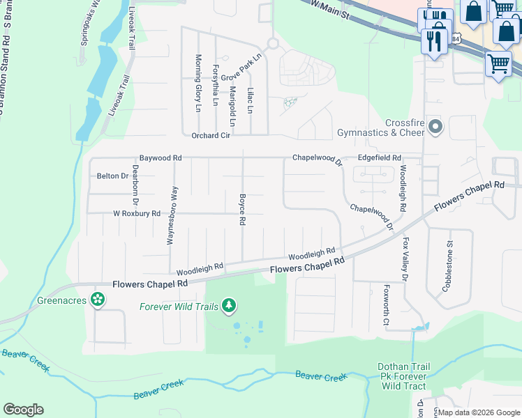 map of restaurants, bars, coffee shops, grocery stores, and more near 107 East Roxbury Road in Dothan