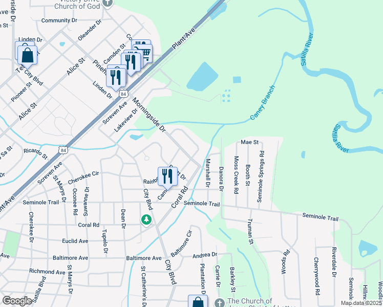 map of restaurants, bars, coffee shops, grocery stores, and more near 1801 Camellia Drive in Waycross