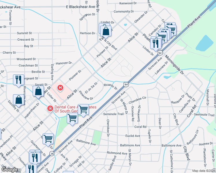 map of restaurants, bars, coffee shops, grocery stores, and more near 102 Ricardo Street in Waycross