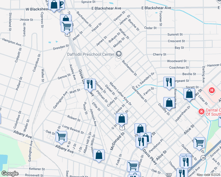 map of restaurants, bars, coffee shops, grocery stores, and more near 1106 Bailey Street in Waycross