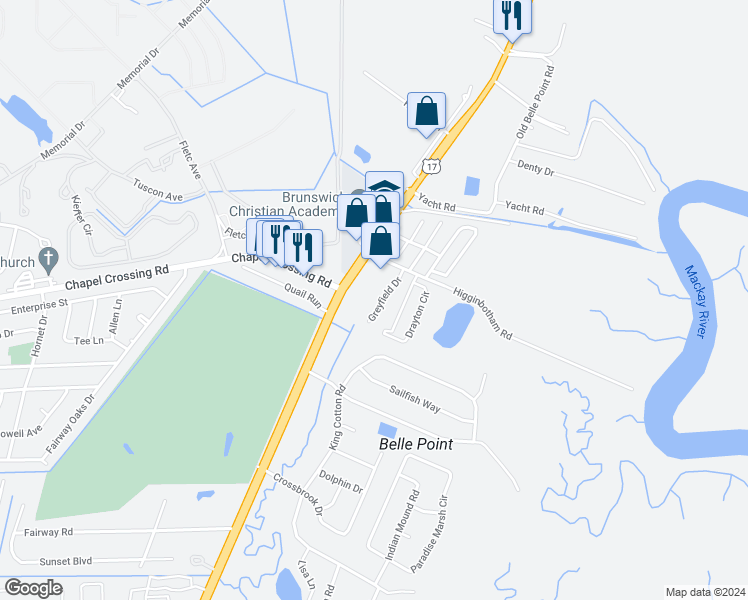 map of restaurants, bars, coffee shops, grocery stores, and more near 44 Greyfield Drive in Brunswick