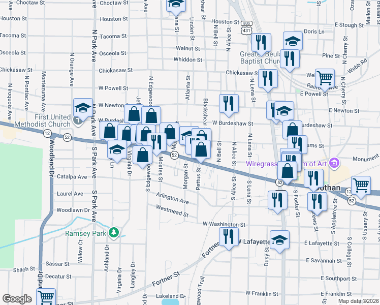 map of restaurants, bars, coffee shops, grocery stores, and more near 662 West Main Street in Dothan
