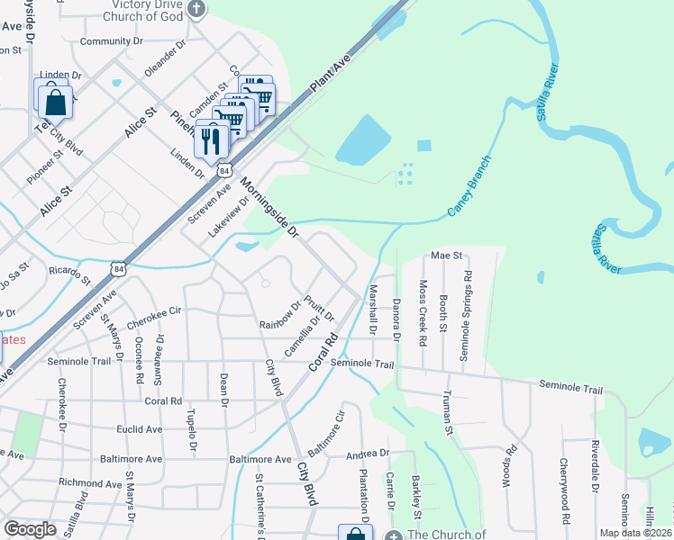 map of restaurants, bars, coffee shops, grocery stores, and more near 1305 Morningside Drive in Waycross
