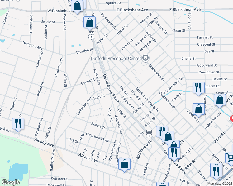 map of restaurants, bars, coffee shops, grocery stores, and more near 1213 Pittman Street in Waycross
