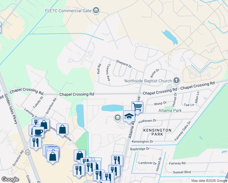 map of restaurants, bars, coffee shops, grocery stores, and more near 679 Chapel Crossing Road in Brunswick