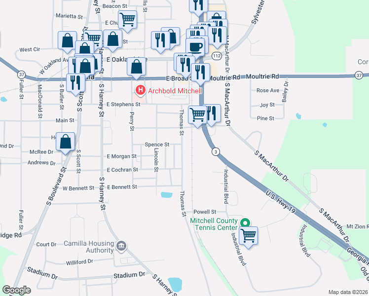 map of restaurants, bars, coffee shops, grocery stores, and more near 190 Thomas Street in Camilla