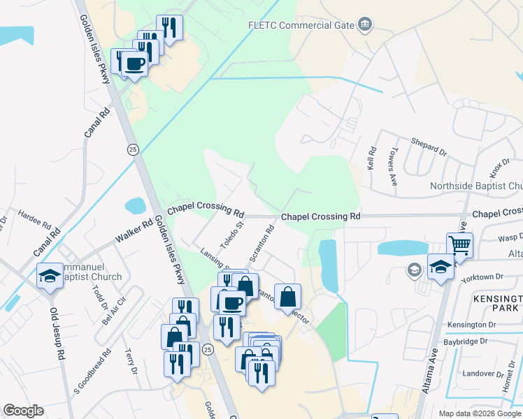 map of restaurants, bars, coffee shops, grocery stores, and more near 426 Chapel Crossing Road in Brunswick